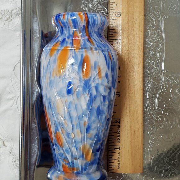 MCM Vintage Multicolor Blue Orange White Spotted Glass Vase Japan 5" - Picture 3 of 9